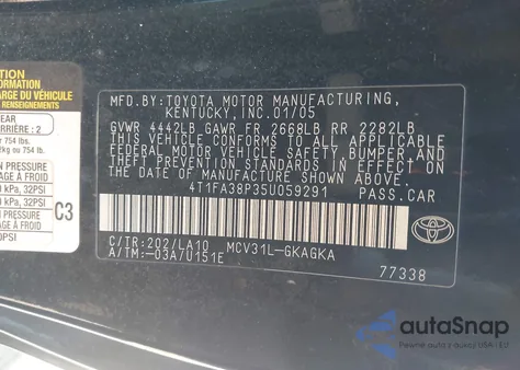 2005 Toyota Camry Solara Sle z USA, uszkodzony, nr VIN 4T1FA38P35U059291